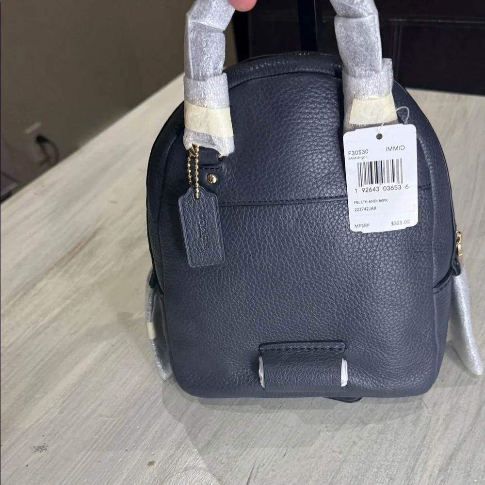 Coach Andi Charcoal Blue Leather Backpack with Gold Accents